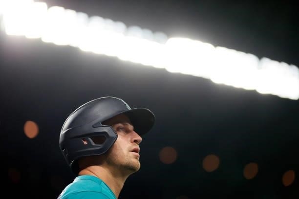 Kyle Seager of the Seattle Mariners looks on during the game against the Arizona Diamondbacks at T-Mobile Park on September 10, 2021 in Seattle,...