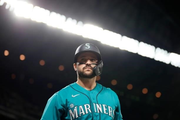 Luis Torrens of the Seattle Mariners looks on during the game against the Arizona Diamondbacks at T-Mobile Park on September 10, 2021 in Seattle,...
