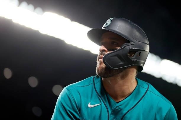 Luis Torrens of the Seattle Mariners looks on during the game against the Arizona Diamondbacks at T-Mobile Park on September 10, 2021 in Seattle,...