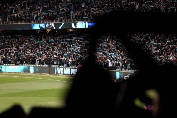 Fans show their support during the AFL Second Preliminary Final match between Port Adelaide Power and Western Bulldogs at Adelaide Oval on September...