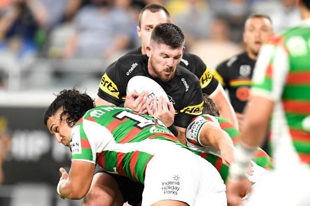 Matthew Eisenhuth of the Panthers is tackled during the NRL Qualifying Final match between Penrith Panthers and South Sydney Rabbitohs at QCB...