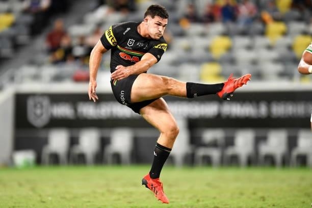 Nathan Cleary of the Panthers kicks during the NRL Qualifying Final match between Penrith Panthers and South Sydney Rabbitohs at QCB Stadium, on...