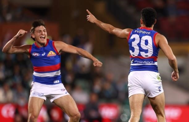 Jason Johannisen of the Bulldogs celebrates kicking a goal during the AFL Second Preliminary Final match between Port Adelaide Power and Western...