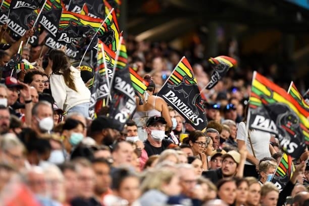 Panthers supporters cheer during the NRL Qualifying Final match between Penrith Panthers and South Sydney Rabbitohs at QCB Stadium, on September 11...