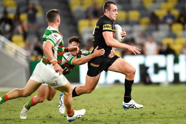 Isaah Yeo of the Panthers is tackled during the NRL Qualifying Final match between Penrith Panthers and South Sydney Rabbitohs at QCB Stadium, on...