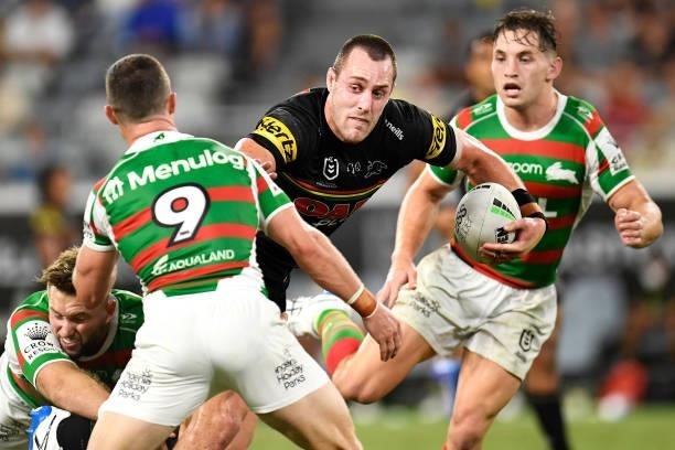 Isaah Yeo of the Panthers is tackled during the NRL Qualifying Final match between Penrith Panthers and South Sydney Rabbitohs at QCB Stadium, on...