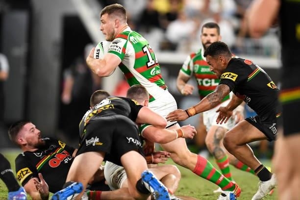 Jai Arrow of the Rabbitohs is tackled during the NRL Qualifying Final match between Penrith Panthers and South Sydney Rabbitohs at QCB Stadium, on...