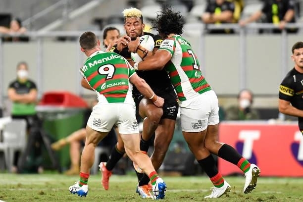Viliame Kikau of the Panthers is tackled during the NRL Qualifying Final match between Penrith Panthers and South Sydney Rabbitohs at QCB Stadium, on...