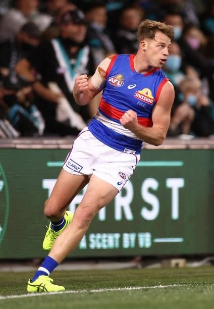 Mitch Hannan of the Bulldogs celebrates kicking a goal during the AFL Second Preliminary Final match between Port Adelaide Power and Western Bulldogs...