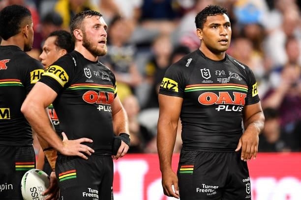 Kurt Capewell and Tevita Pangai Junior of the Panthers look dejected during the NRL Qualifying Final match between Penrith Panthers and South Sydney...