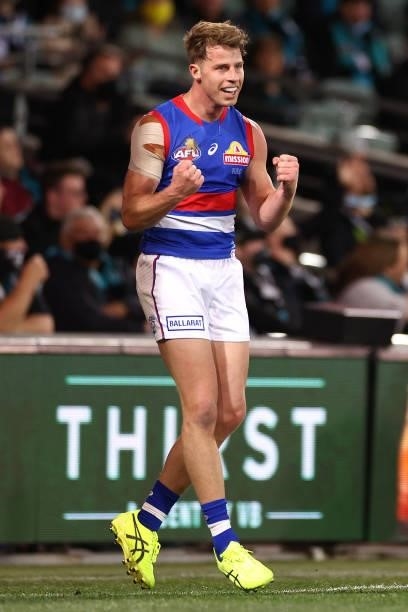 Mitch Hannan of the Bulldogs celebrates kicking a goal during the AFL Second Preliminary Final match between Port Adelaide Power and Western Bulldogs...