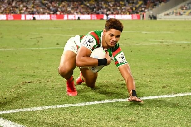 Jaxson Paulo of the Rabbitohs scores try during the NRL Qualifying Final match between Penrith Panthers and South Sydney Rabbitohs at QCB Stadium, on...