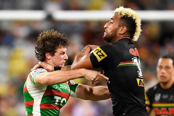 Campbell Graham of the Rabbitohs tackles Viliame Kikau of the Panthers during the NRL Qualifying Final match between Penrith Panthers and South...