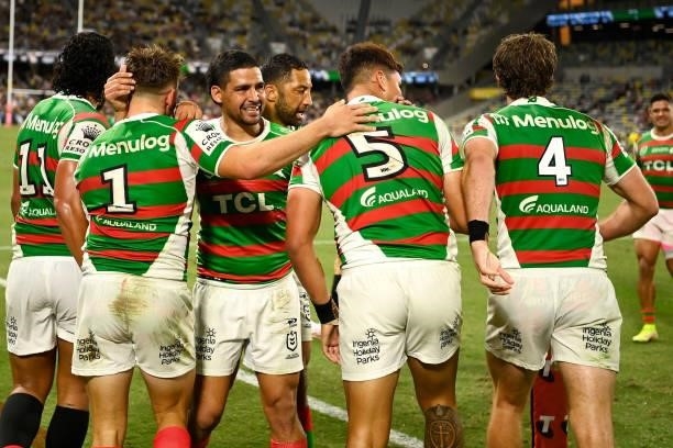 Jaxson Paulo of the Rabbitohs celebrates with his team mates after scoring a try during the NRL Qualifying Final match between Penrith Panthers and...