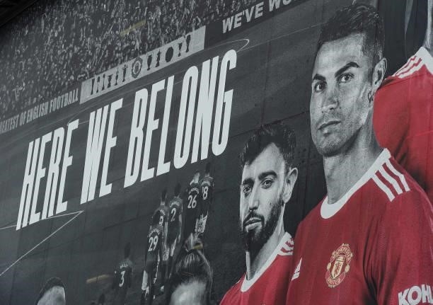 Cristiano Ronaldo of Manchester United on a banner outside the ground in the lead up to his first game during the Premier League match between...