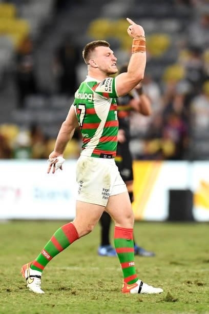 Jai Arrow of the Rabbitohs gestures as the Rabbitohs celebrates victory during the NRL Qualifying Final match between Penrith Panthers and South...