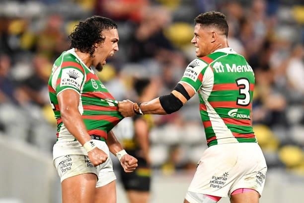 Keaon Koloamatangi and Dane Gagai of the Rabbitohs celebrate victory during the NRL Qualifying Final match between Penrith Panthers and South Sydney...
