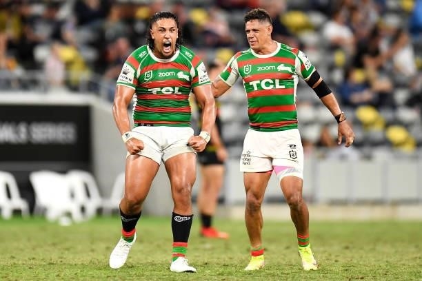 Keaon Koloamatangi and Dane Gagai of the Rabbitohs celebrate victory during the NRL Qualifying Final match between Penrith Panthers and South Sydney...