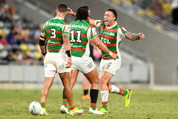 Dane Gagai, Keaon Koloamatangi and Jaydn Su'A of the Rabbitohs of the Rabbitohs celebrate victory during the NRL Qualifying Final match between...