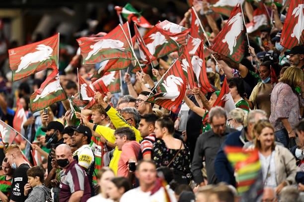 Rabbitohs supporters cheer during the NRL Qualifying Final match between Penrith Panthers and South Sydney Rabbitohs at QCB Stadium, on September 11...