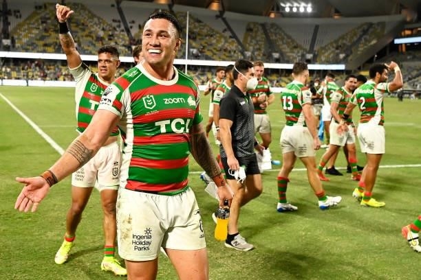 Jaydn Su'A of the Rabbitohs and his team mates thank the crowd as he celebrates victory during the NRL Qualifying Final match between Penrith...