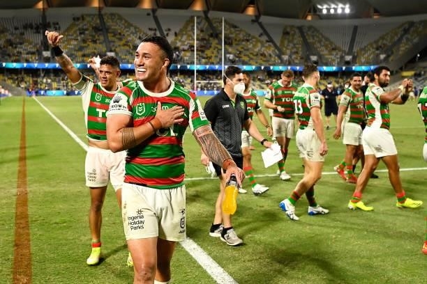 Jaydn Su'A of the Rabbitohs and his team mates thank the crowd as he celebrates victory during the NRL Qualifying Final match between Penrith...
