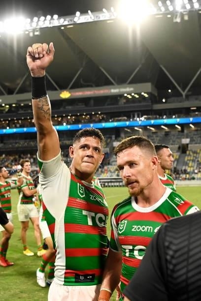 Dane Gagai of the Rabbitohs and his team mates thank the crowd as he celebrates victory during the NRL Qualifying Final match between Penrith...