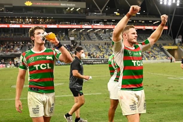 Campbell Graham and Thomas Burgess of the Rabbitohs thank the crowd as they celebrate victory during the NRL Qualifying Final match between Penrith...
