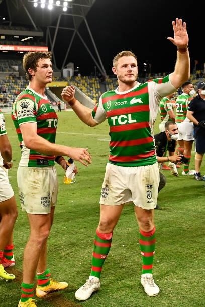 Campbell Graham and Thomas Burgess of the Rabbitohs thank the crowd as they celebrate victory during the NRL Qualifying Final match between Penrith...
