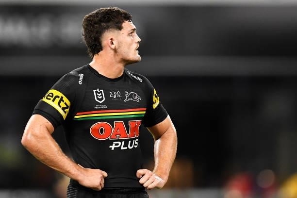 Nathan Cleary of the Panthers looks dejected during the NRL Qualifying Final match between Penrith Panthers and South Sydney Rabbitohs at QCB...