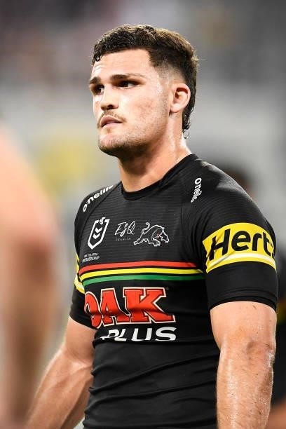 Nathan Cleary of the Panthers looks dejected during the NRL Qualifying Final match between Penrith Panthers and South Sydney Rabbitohs at QCB...
