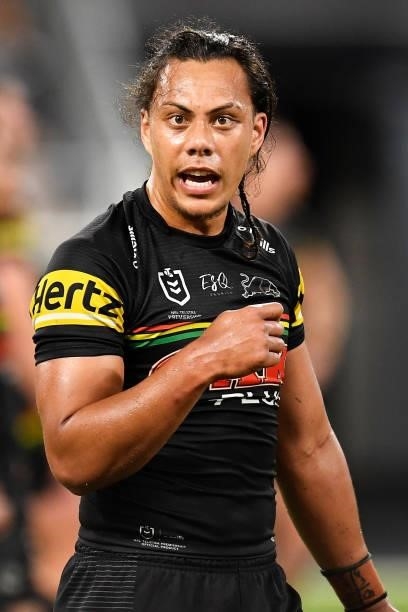 Jerome Luai of the Panthers speaks to a team mate during the NRL Qualifying Final match between Penrith Panthers and South Sydney Rabbitohs at QCB...