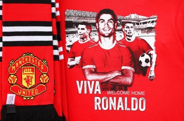 Shirts being sold by merchandise sellers in support of Cristiano Ronaldo of Manchester United are seen outside the stadium prior to the Premier...