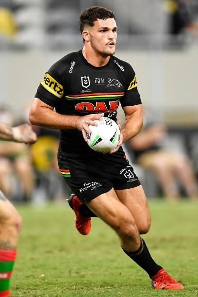 Nathan Cleary of the Panthers runs the ball during the NRL Qualifying Final match between Penrith Panthers and South Sydney Rabbitohs at QCB Stadium,...