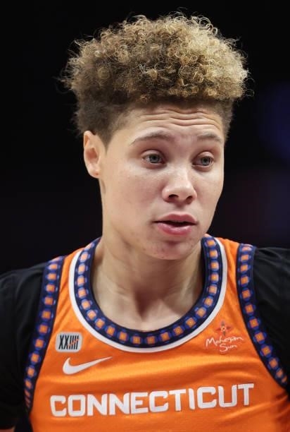 Natisha Hiedeman of the Connecticut Sun at Staples Center on September 09, 2021 in Los Angeles, California. NOTE TO USER: User expressly acknowledges...