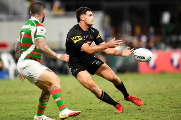 Nathan Cleary of the Panthers passes during the NRL Qualifying Final match between Penrith Panthers and South Sydney Rabbitohs at QCB Stadium, on...