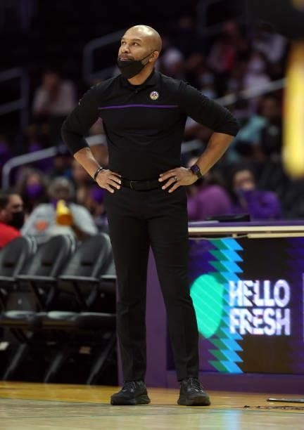 Head coach Derek Fisher of the Los Angeles Sparks in the second quarter at Staples Center on September 09, 2021 in Los Angeles, California. NOTE TO...