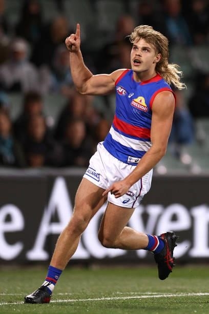 Bailey Smith of the Bulldogs celebrates kicking a goal during the AFL Second Preliminary Final match between Port Adelaide Power and Western Bulldogs...