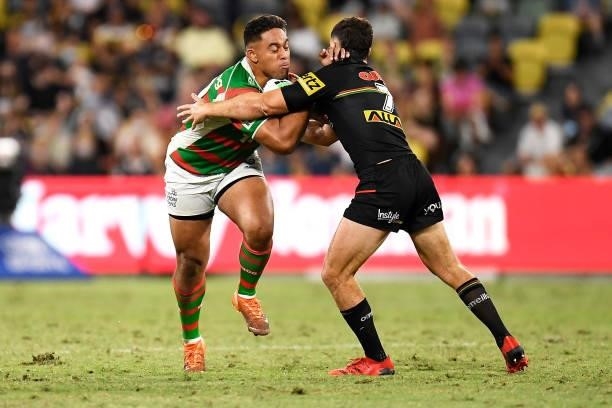 Tevita Tatola of the Rabbitohs is tackled by Nathan Cleary of the Panthers during the NRL Qualifying Final match between Penrith Panthers and South...