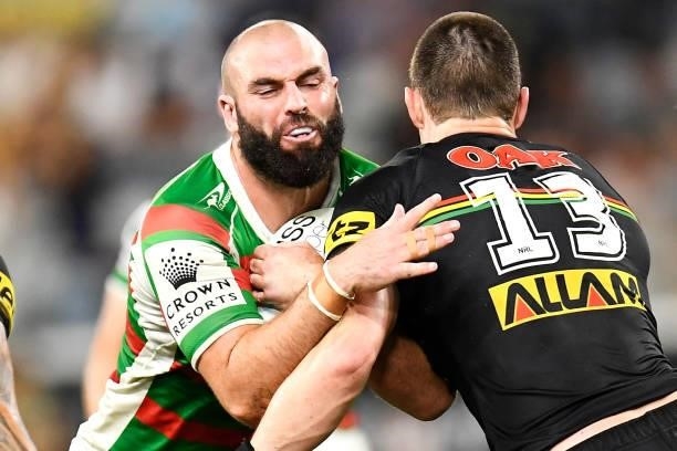 Mark Nicholls of the Rabbitohs is tackled during the NRL Qualifying Final match between Penrith Panthers and South Sydney Rabbitohs at QCB Stadium,...