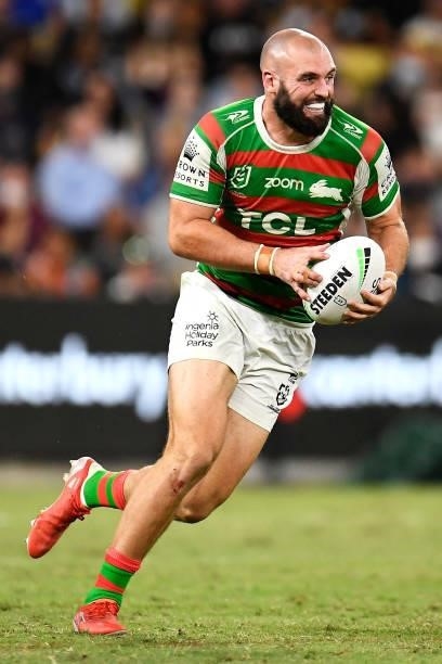 Mark Nicholls of the Rabbitohs runs the ball during the NRL Qualifying Final match between Penrith Panthers and South Sydney Rabbitohs at QCB...