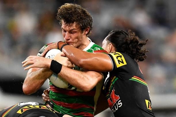 Campbell Graham of the Rabbitohs is tackled Jerome Luai of the Panthers during the NRL Qualifying Final match between Penrith Panthers and South...