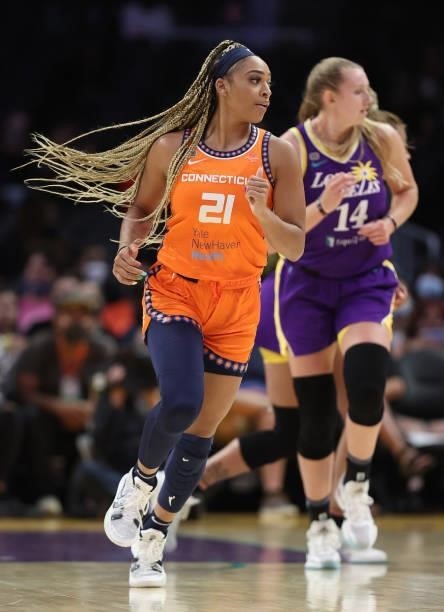 DiJonai Carrington of the Connecticut Sun at Staples Center on September 09, 2021 in Los Angeles, California. NOTE TO USER: User expressly...