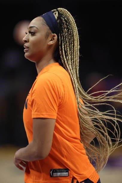 DiJonai Carrington of the Connecticut Sun at Staples Center on September 09, 2021 in Los Angeles, California. NOTE TO USER: User expressly...