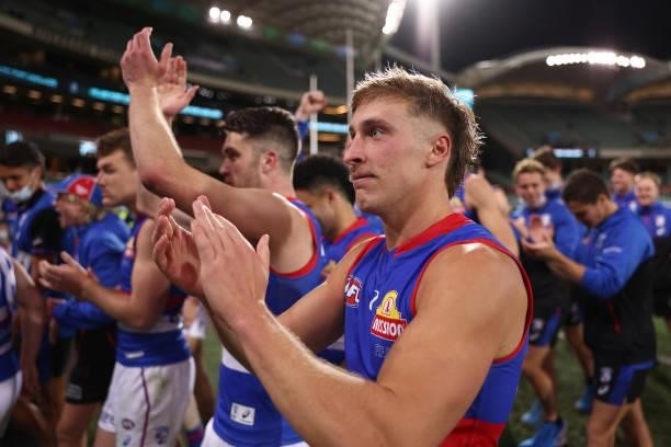 Roarke Smith of the Bulldogs celebrates winning the AFL Second Preliminary Final match between Port Adelaide Power and Western Bulldogs at Adelaide...