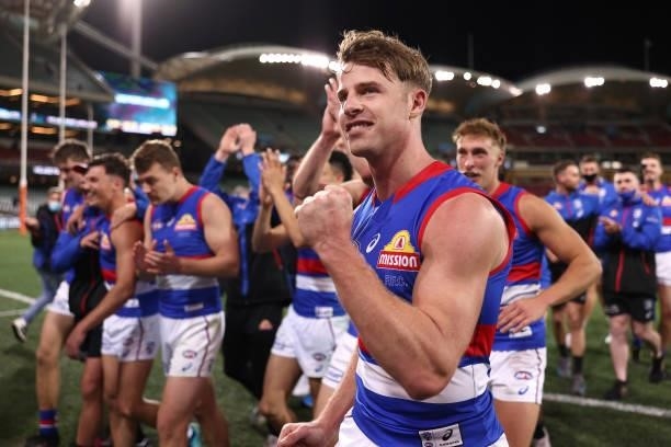 Mitch Hannan of the Bulldogs celebrates winning the AFL Second Preliminary Final match between Port Adelaide Power and Western Bulldogs at Adelaide...