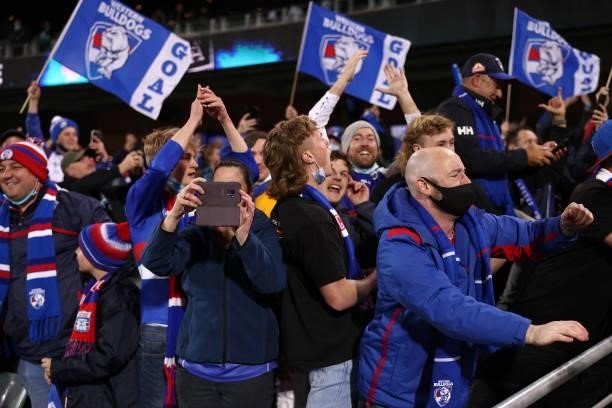 Bulldogs fans celebrate winning the AFL Second Preliminary Final match between Port Adelaide Power and Western Bulldogs at Adelaide Oval on September...
