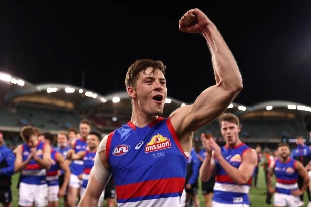Josh Dunkley of the Bulldogs celebrates winning the AFL Second Preliminary Final match between Port Adelaide Power and Western Bulldogs at Adelaide...