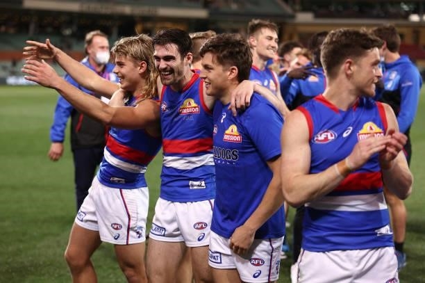 The Bulldogs celebrate winning the AFL Second Preliminary Final match between Port Adelaide Power and Western Bulldogs at Adelaide Oval on September...