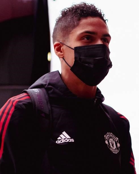 Raphael Varane of Manchester United arrives ahead of the Premier League match between Manchester United and Newcastle United at Old Trafford on...